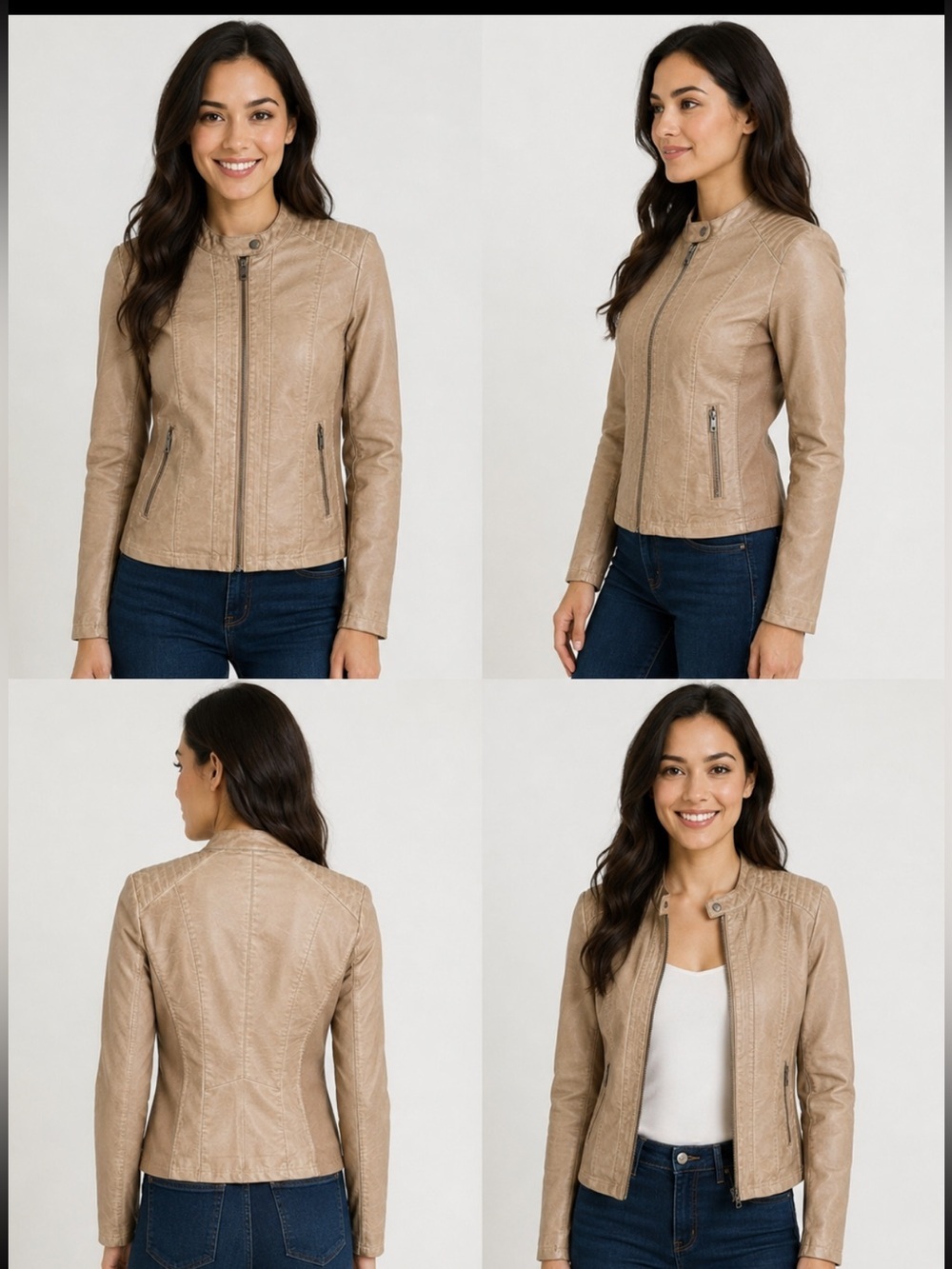Sebby Collection Faux Leather Moto Jacket Light Taupe Stretch Side Panels Large